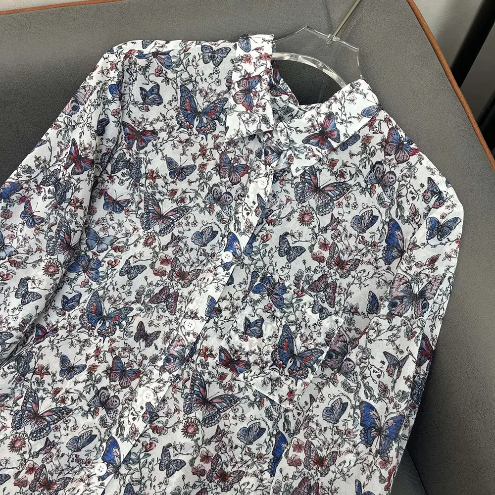 Dior Women Blouse White Cotton Muslin with Multicolor Toile de Jouy Papillon Motif
