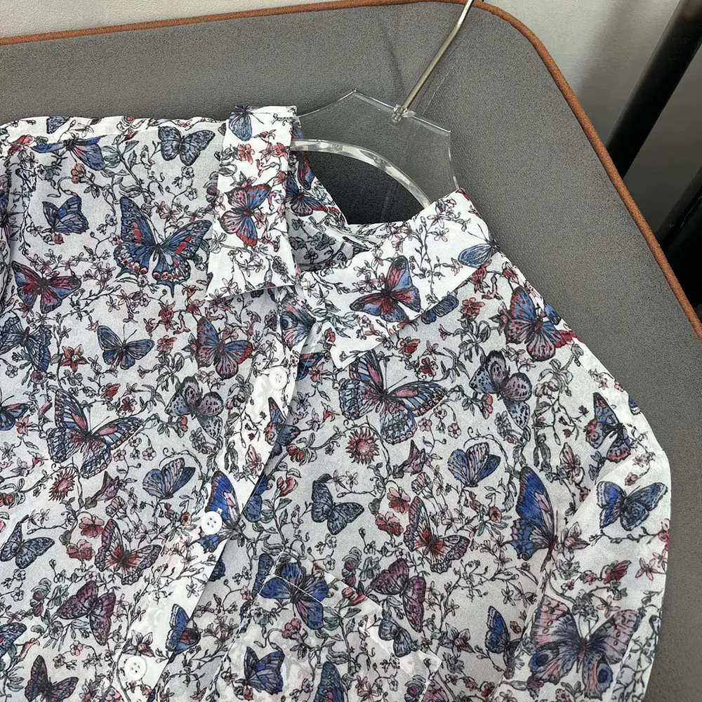 Dior Women Blouse White Cotton Muslin with Multicolor Toile de Jouy Papillon Motif