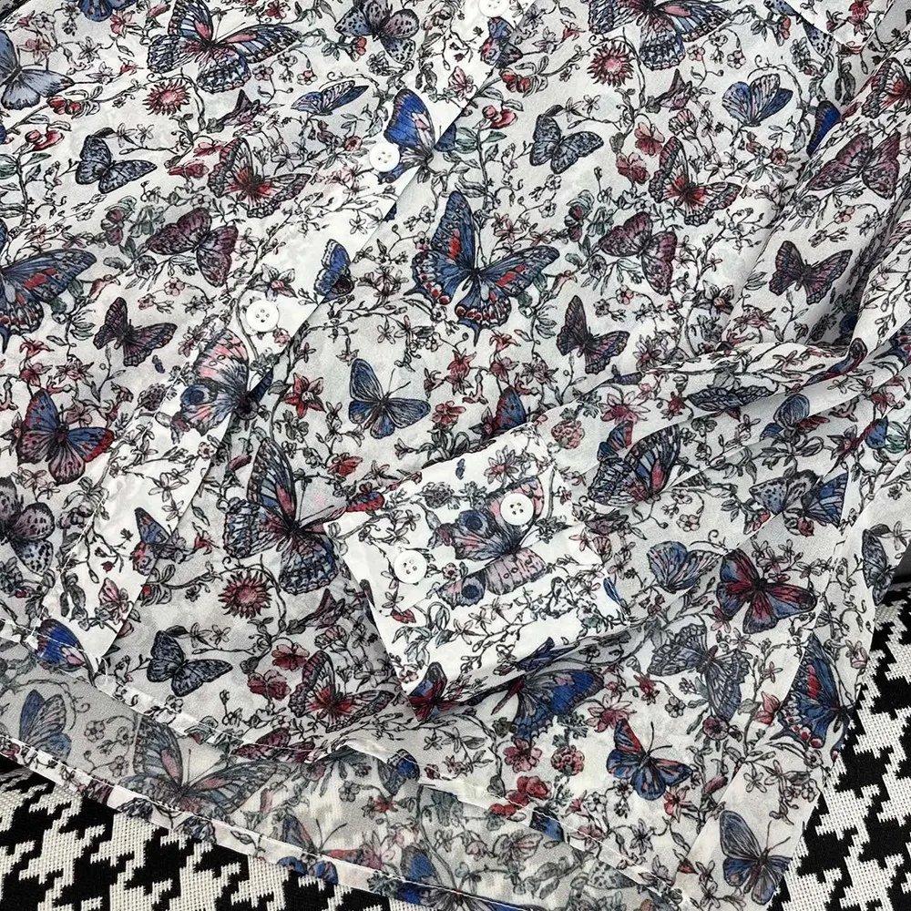 Dior Women Blouse White Cotton Muslin with Multicolor Toile de Jouy Papillon Motif