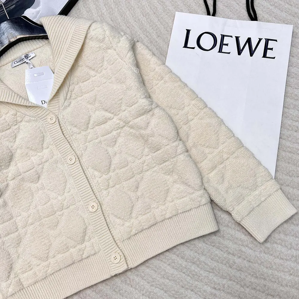Dior Women Cannage Cardigan Ecru Blended Wool and Cashmere Textured Knit