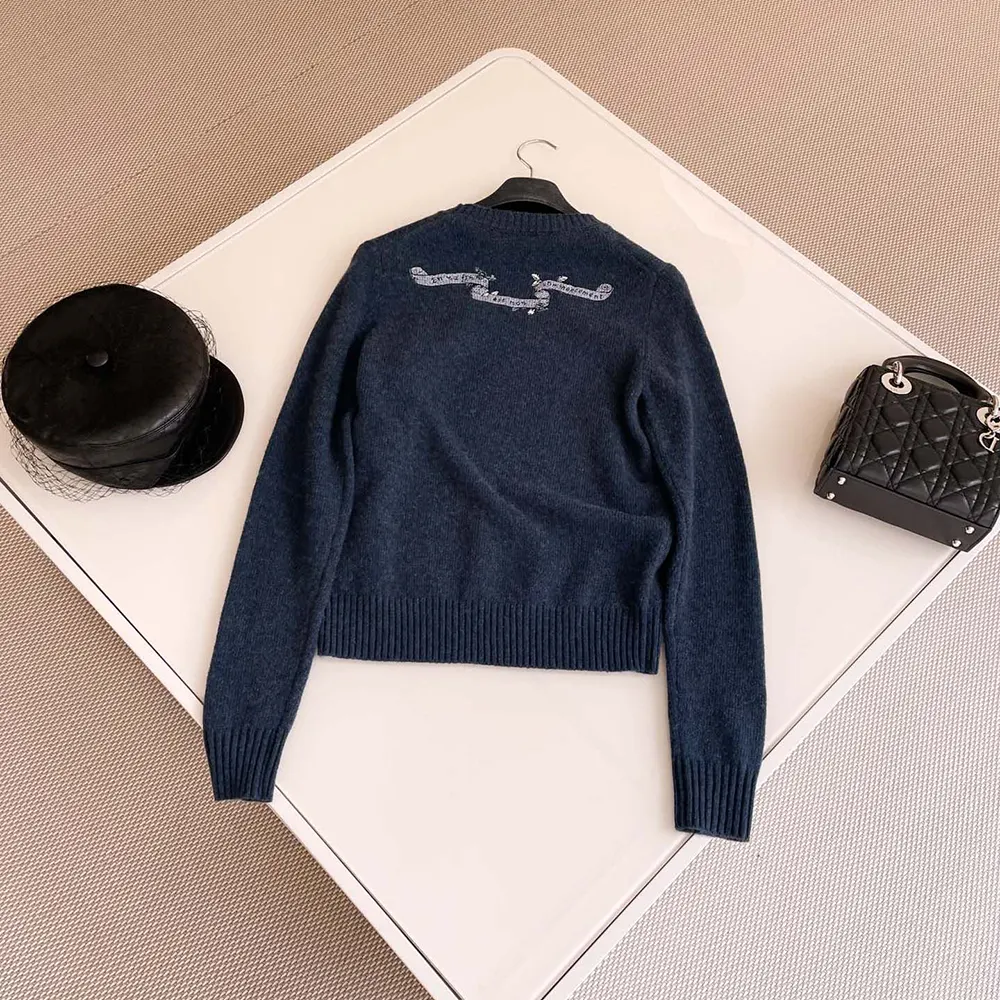 Dior Women Embroidered Sweater Blue Cashmere Knit 514S57A0027