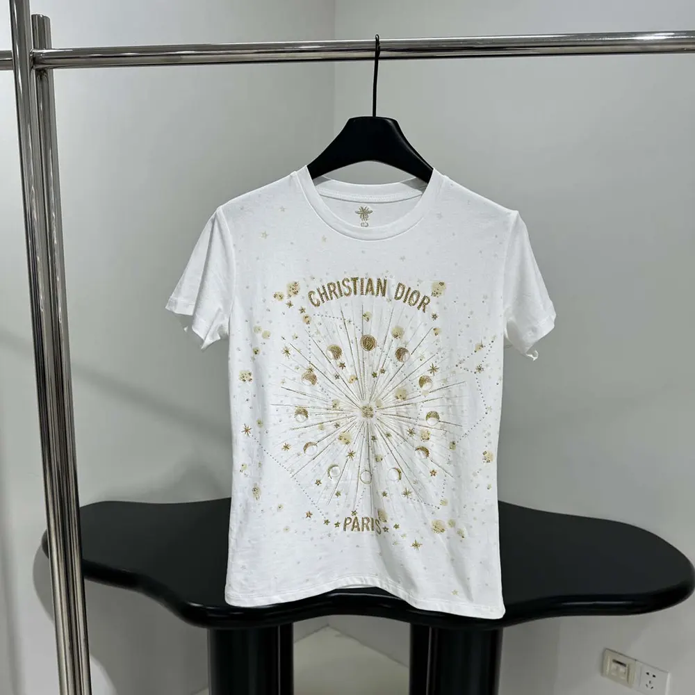 Dior Women Embroidered T-Shirt White Cotton Jersey with Gold-Tone Dior Astral Motif