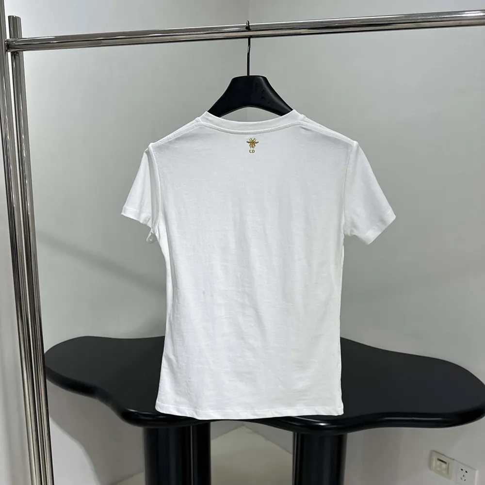 Dior Women Embroidered T-Shirt White Cotton Jersey with Gold-Tone Dior Astral Motif