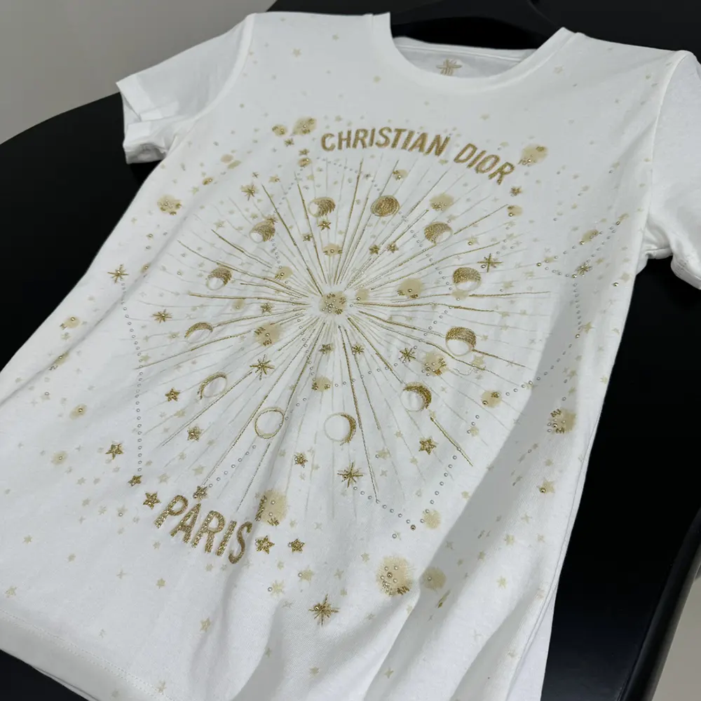 Dior Women Embroidered T-Shirt White Cotton Jersey with Gold-Tone Dior Astral Motif