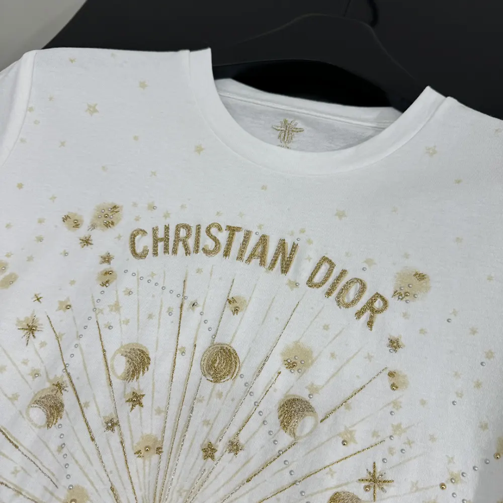 Dior Women Embroidered T-Shirt White Cotton Jersey with Gold-Tone Dior Astral Motif