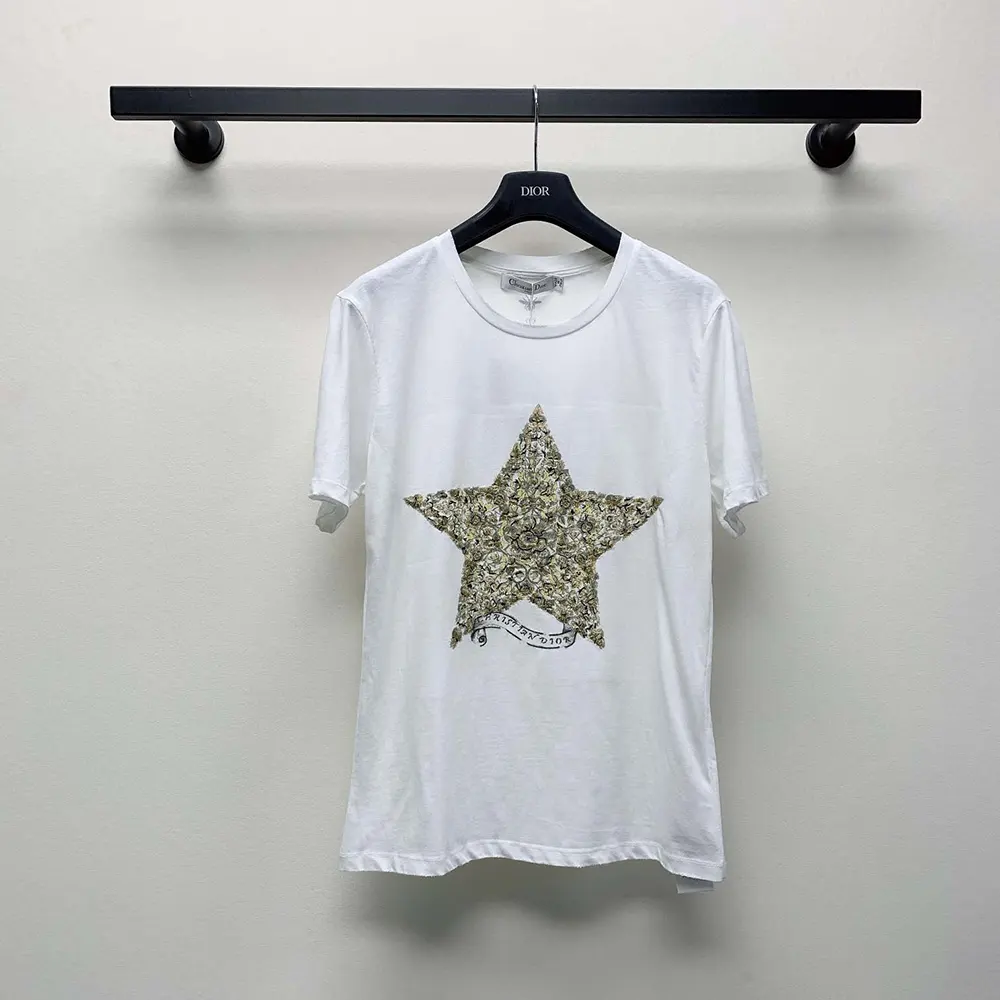 Dior Men Embroidered T-Shirt White Cotton and Linen Jersey with Gold-Tone Dior Around the World Motif