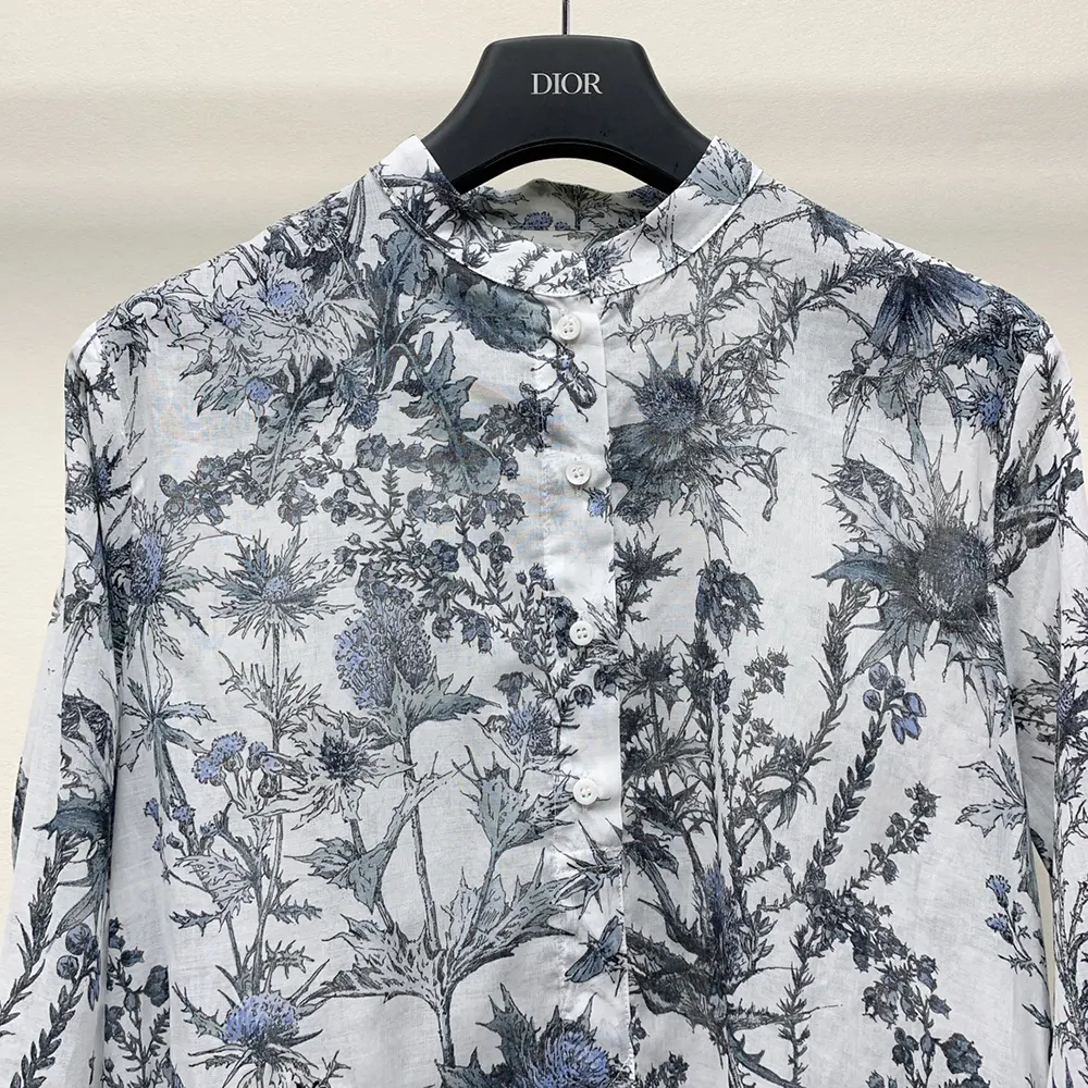 Dior Women Long Blouse White Cotton Muslin with Blue Dior Chardons Motif