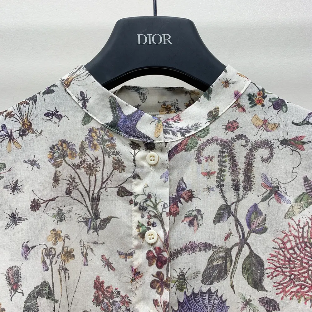 Dior Women Long Blouse White Cotton Muslin with Multicolor Dior Cabinet de Curiosités Motif