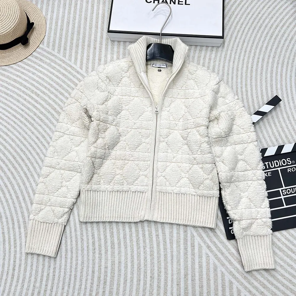 Dior Women Macrocannage Zipped Cardigan Ecru Wool- and Cashmere-Blend Knit