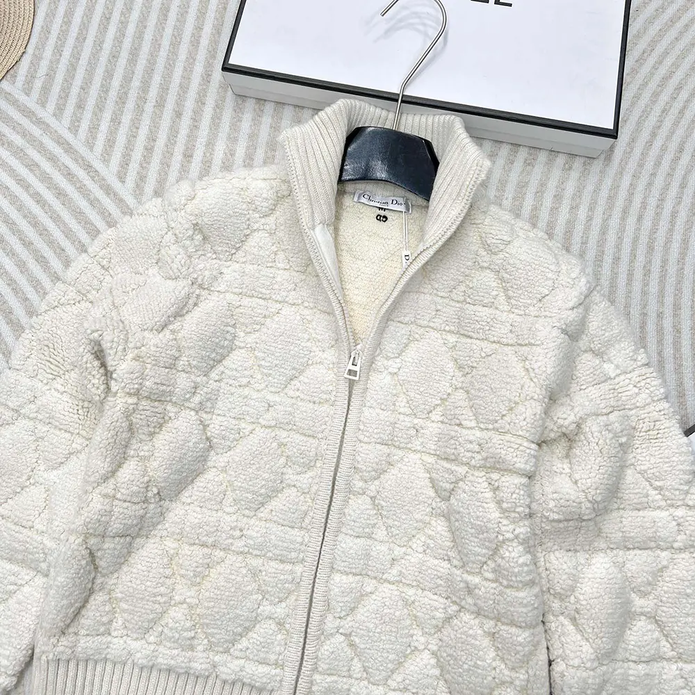 Dior Women Macrocannage Zipped Cardigan Ecru Wool- and Cashmere-Blend Knit