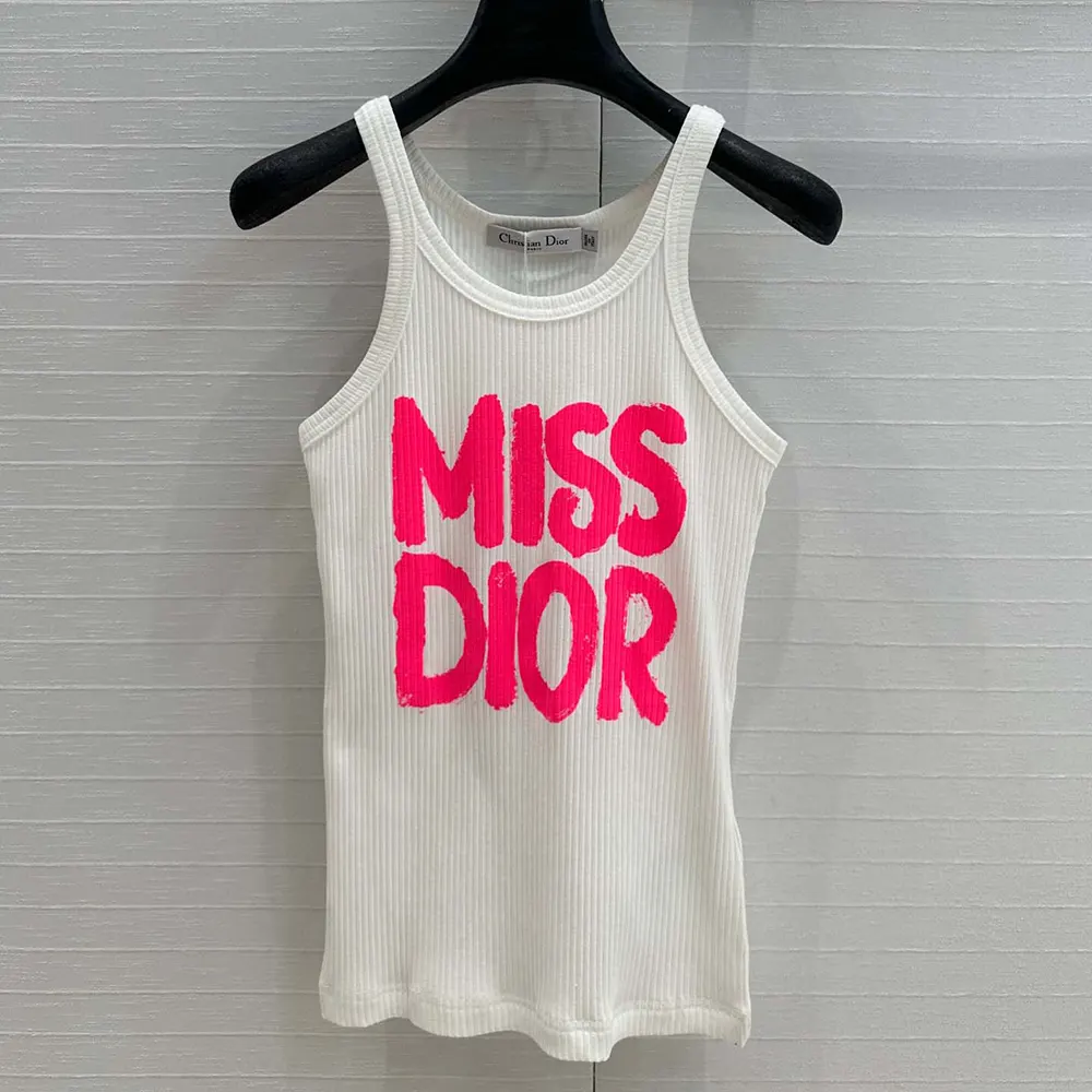 Dior Women Miss Dior Tank Top White Ribbed Cotton Jersey with Bright Pink Miss Dior Graffiti Motif