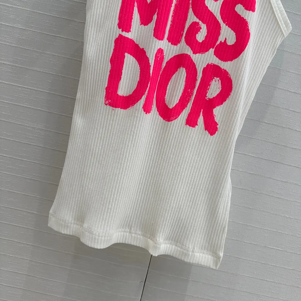 Dior Women Miss Dior Tank Top White Ribbed Cotton Jersey with Bright Pink Miss Dior Graffiti Motif
