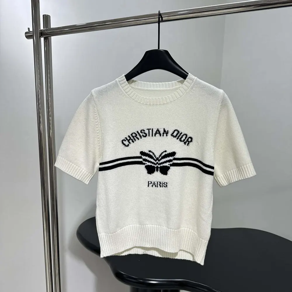 Dior Women Short-Sleeved Sweater White Cashmere Knit with Black Christian Dior Papillon Motif