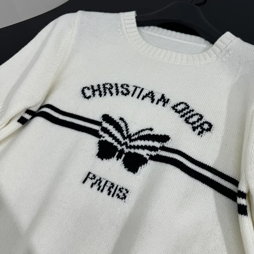 Dior Women Short-Sleeved Sweater White Cashmere Knit with Black Christian Dior Papillon Motif