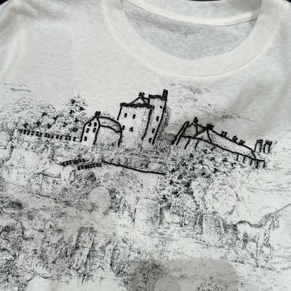Dior Women T-Shirt White Cotton and Linen Jersey with Black Toile de Jouy Scotland Motif