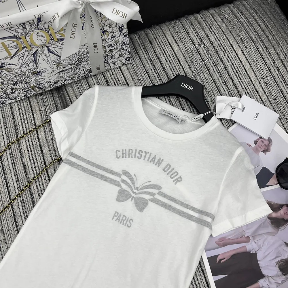 Dior Women T-Shirt White Cotton and Linen Jersey with Gray Christian Dior Papillon Motif