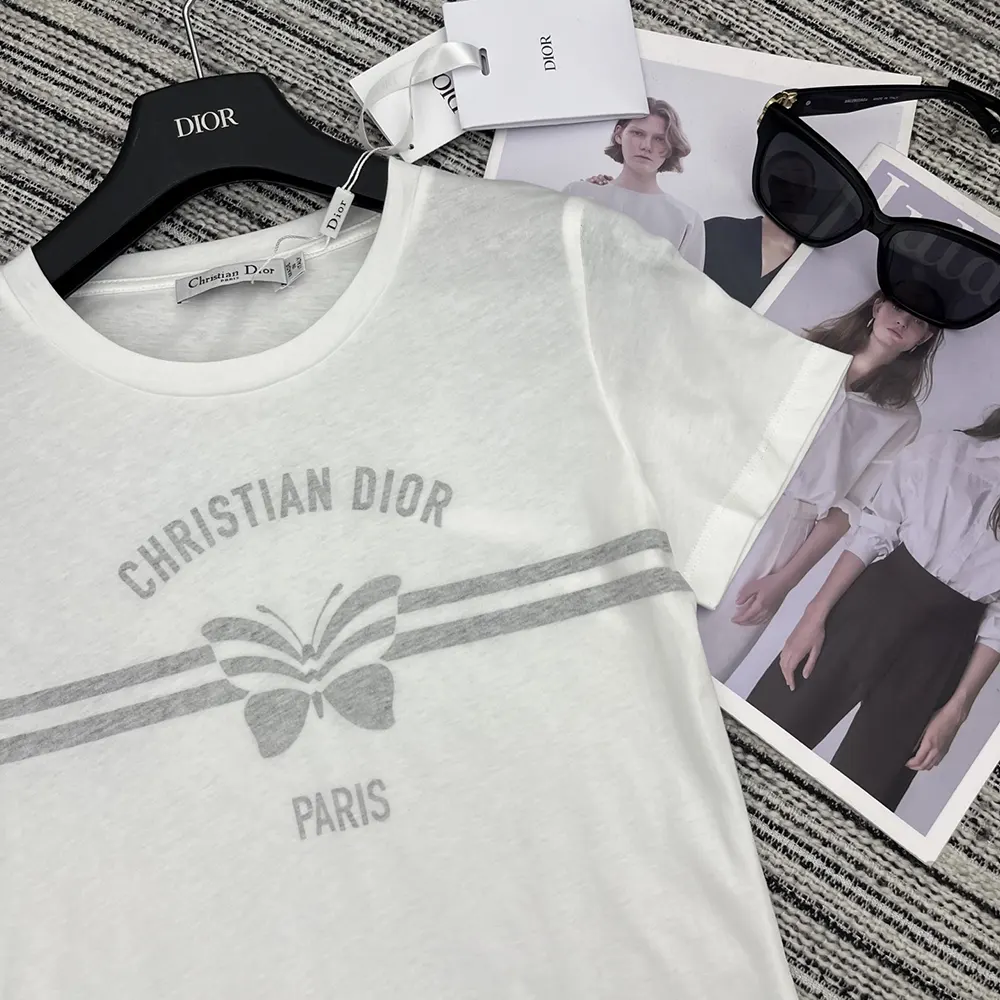 Dior Women T-Shirt White Cotton and Linen Jersey with Gray Christian Dior Papillon Motif