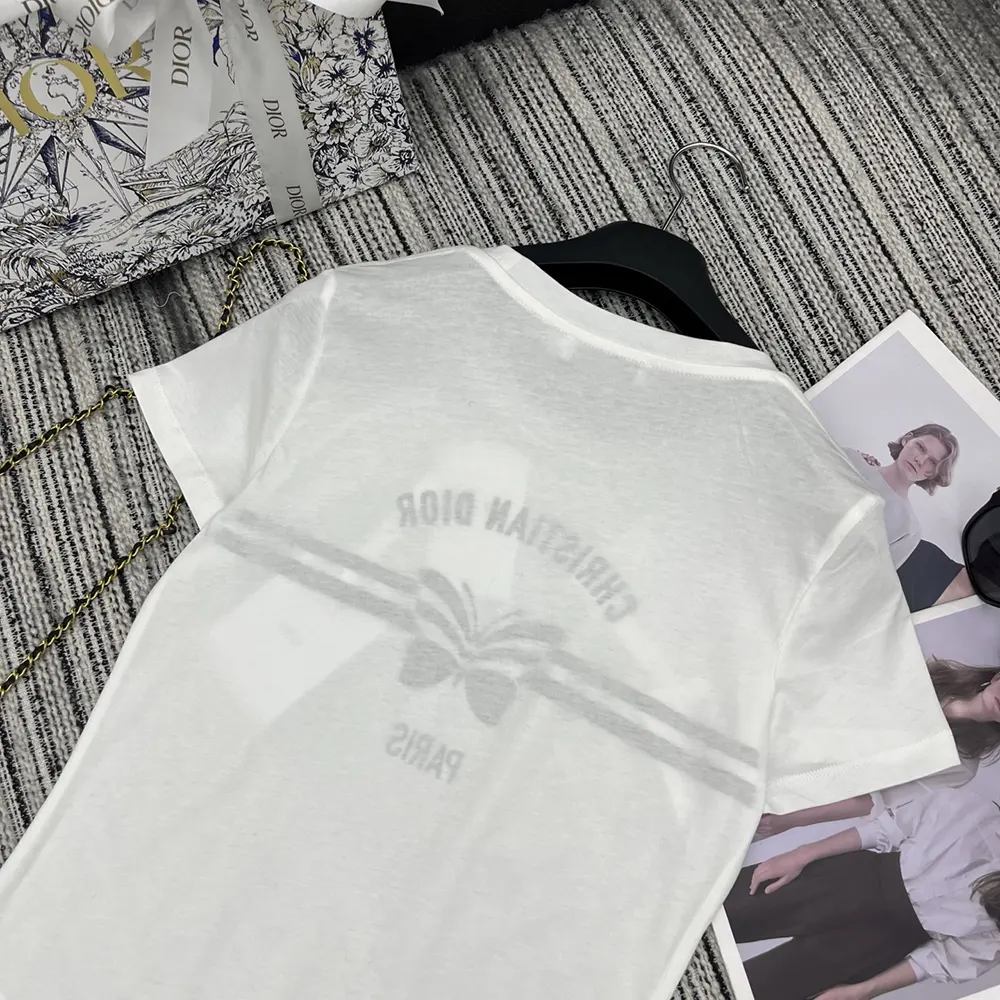 Dior Women T-Shirt White Cotton and Linen Jersey with Gray Christian Dior Papillon Motif