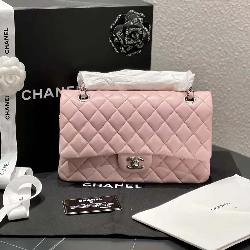Chanel Women Classic 11.12 Handbag in Lambskin Leather-Light Pink/Silver