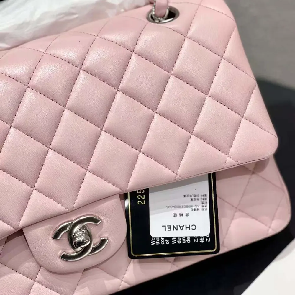 Chanel Women Classic 11.12 Handbag in Lambskin Leather-Light Pink/Silver