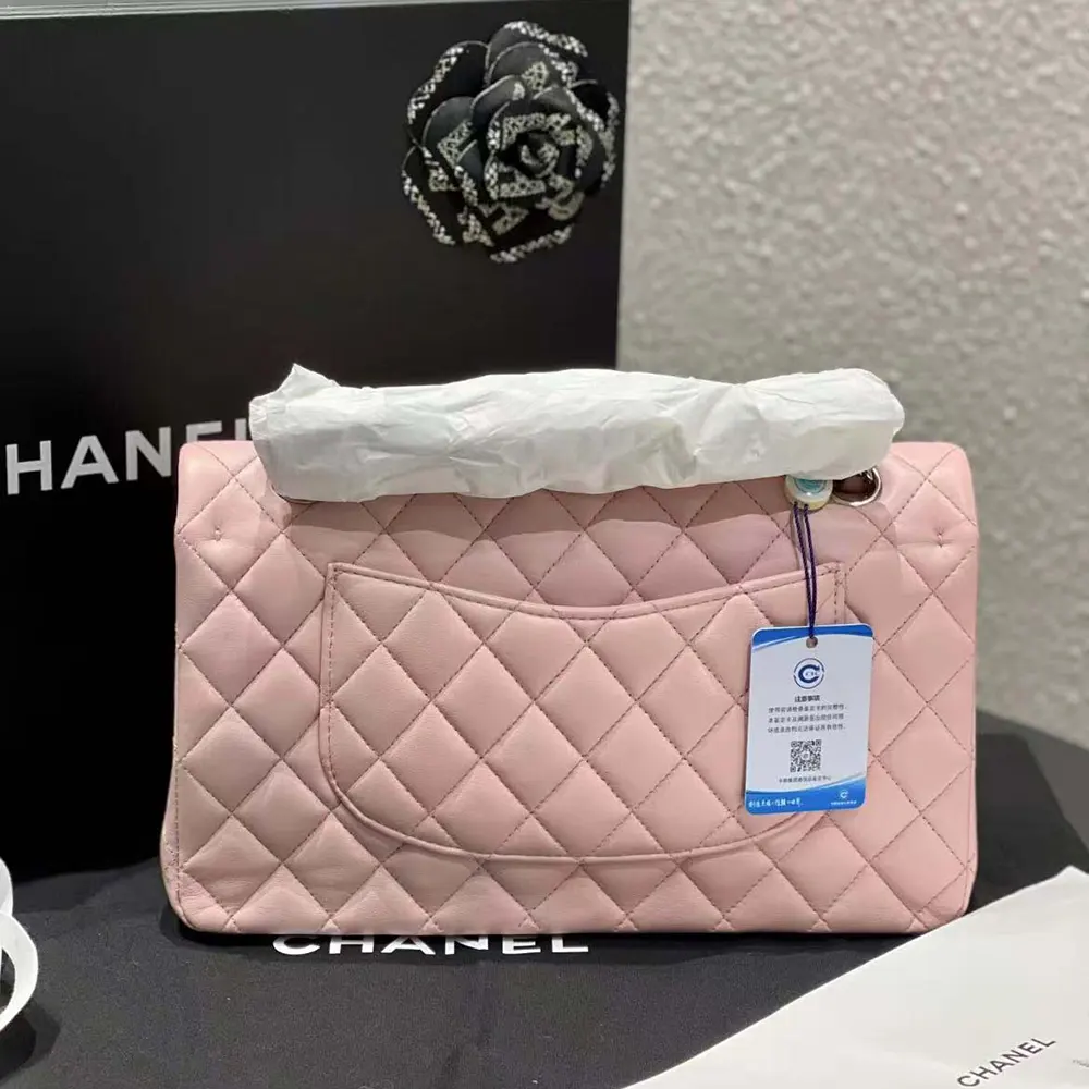 Chanel Women Classic 11.12 Handbag in Lambskin Leather-Light Pink/Silver