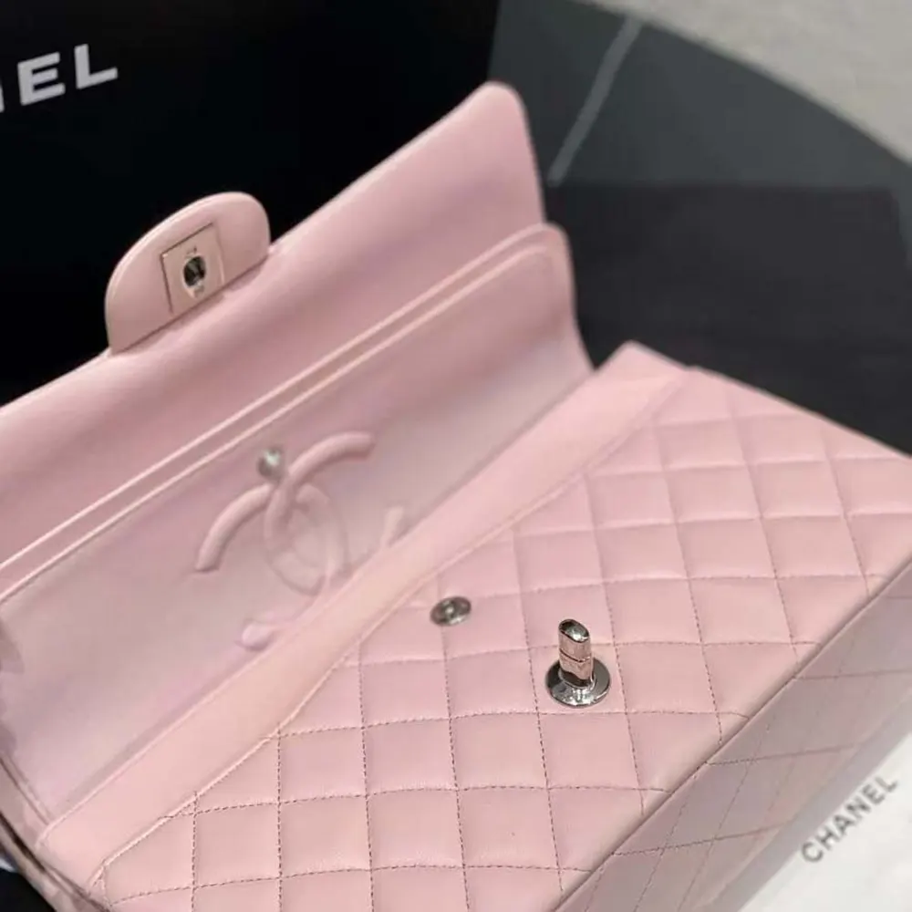 Chanel Women Classic 11.12 Handbag in Lambskin Leather-Light Pink/Silver