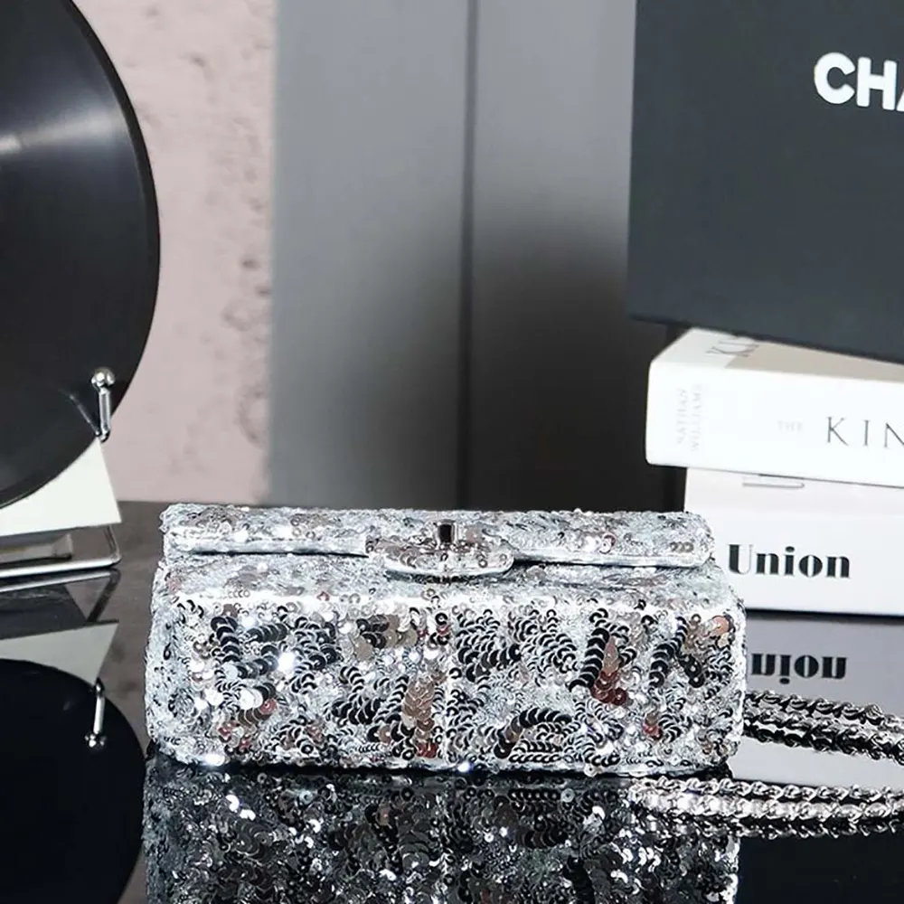 Chanel Women Flap Bag Sequins Silver Tone Metal AS4561