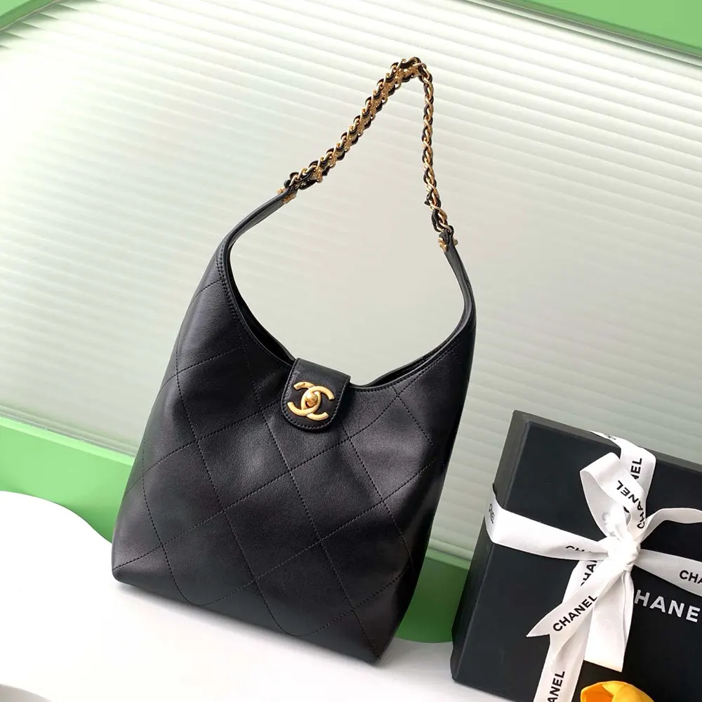 Chanel Women Large Hobo Bag Shiny Lambskin Gold Tone Metal AS5410