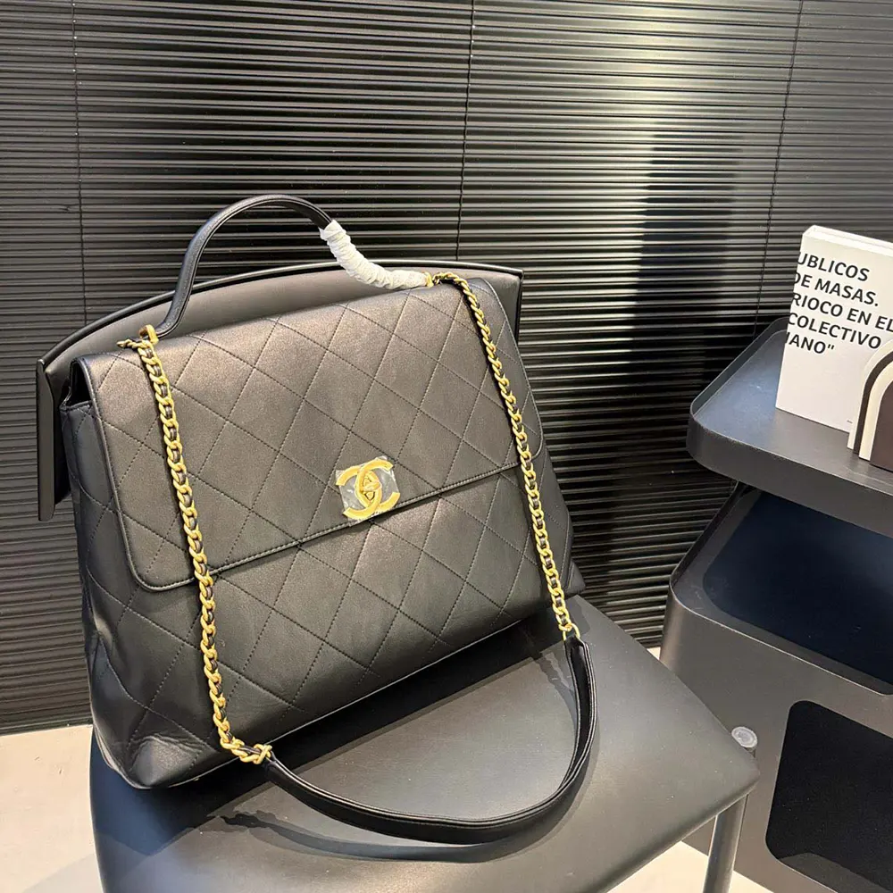 Chanel Women Maxi Flap Bag with Top Handle Calfskin Gold Tone Metal AS5543