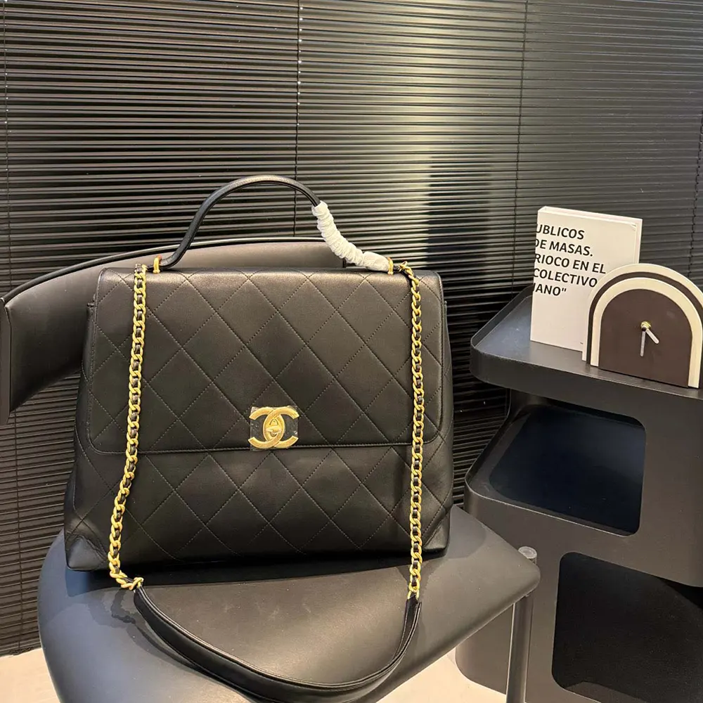 Chanel Women Maxi Flap Bag with Top Handle Calfskin Gold Tone Metal AS5543