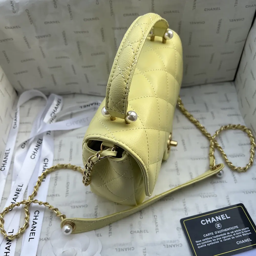 Chanel Women Mini Flap Bag with Top Handle Shiny Lambskin Imitation Pearls-Yellow