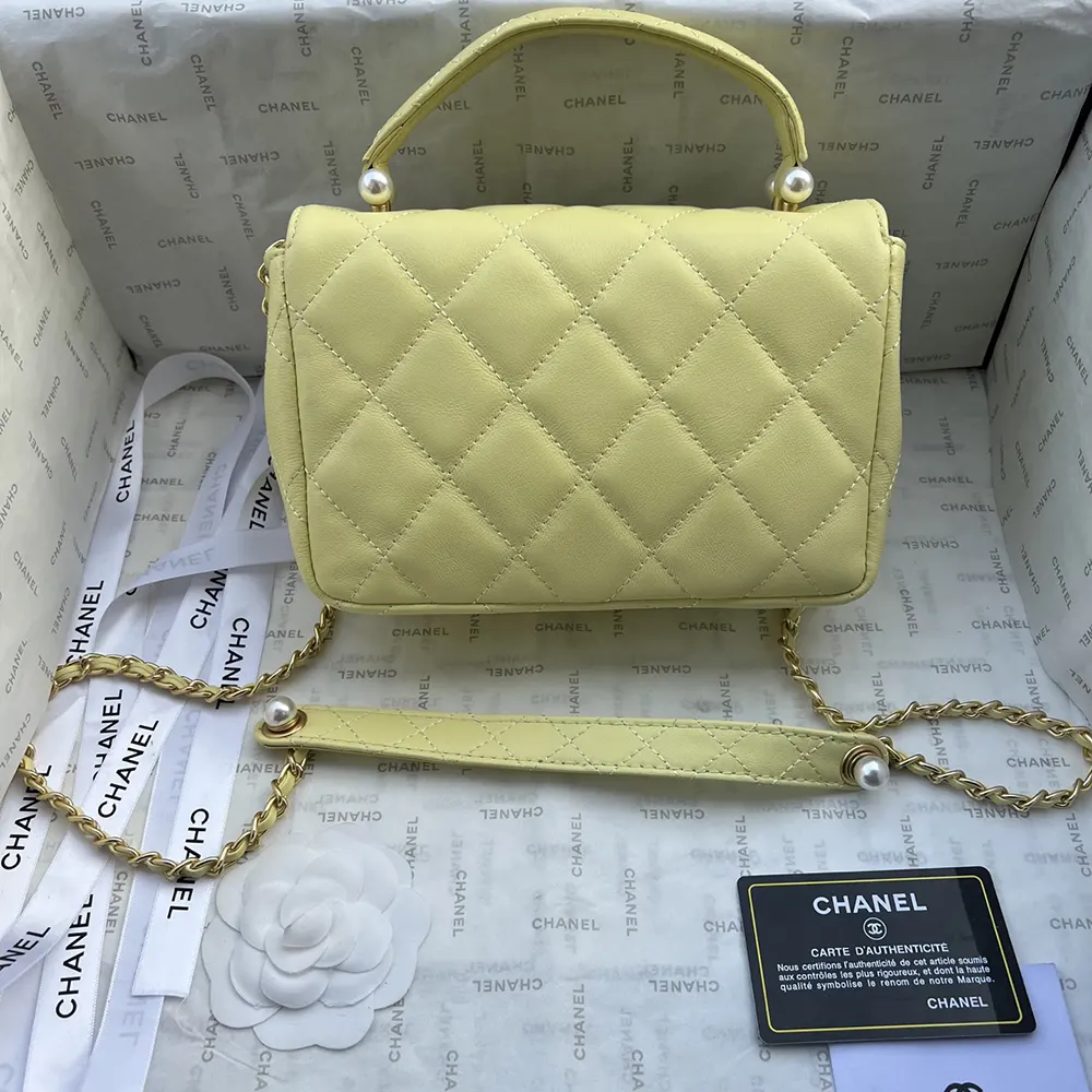 Chanel Women Mini Flap Bag with Top Handle Shiny Lambskin Imitation Pearls-Yellow