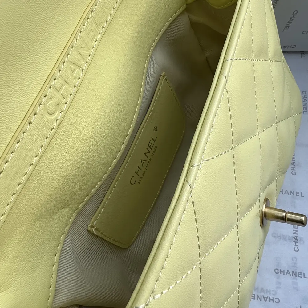Chanel Women Mini Flap Bag with Top Handle Shiny Lambskin Imitation Pearls-Yellow