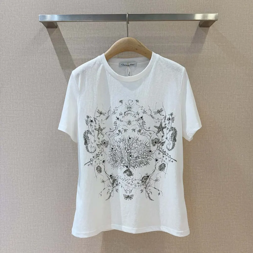 Dior Men T-Shirt White Cotton and Linen Jersey with Black Dior Cabinet de Curiosités Motif