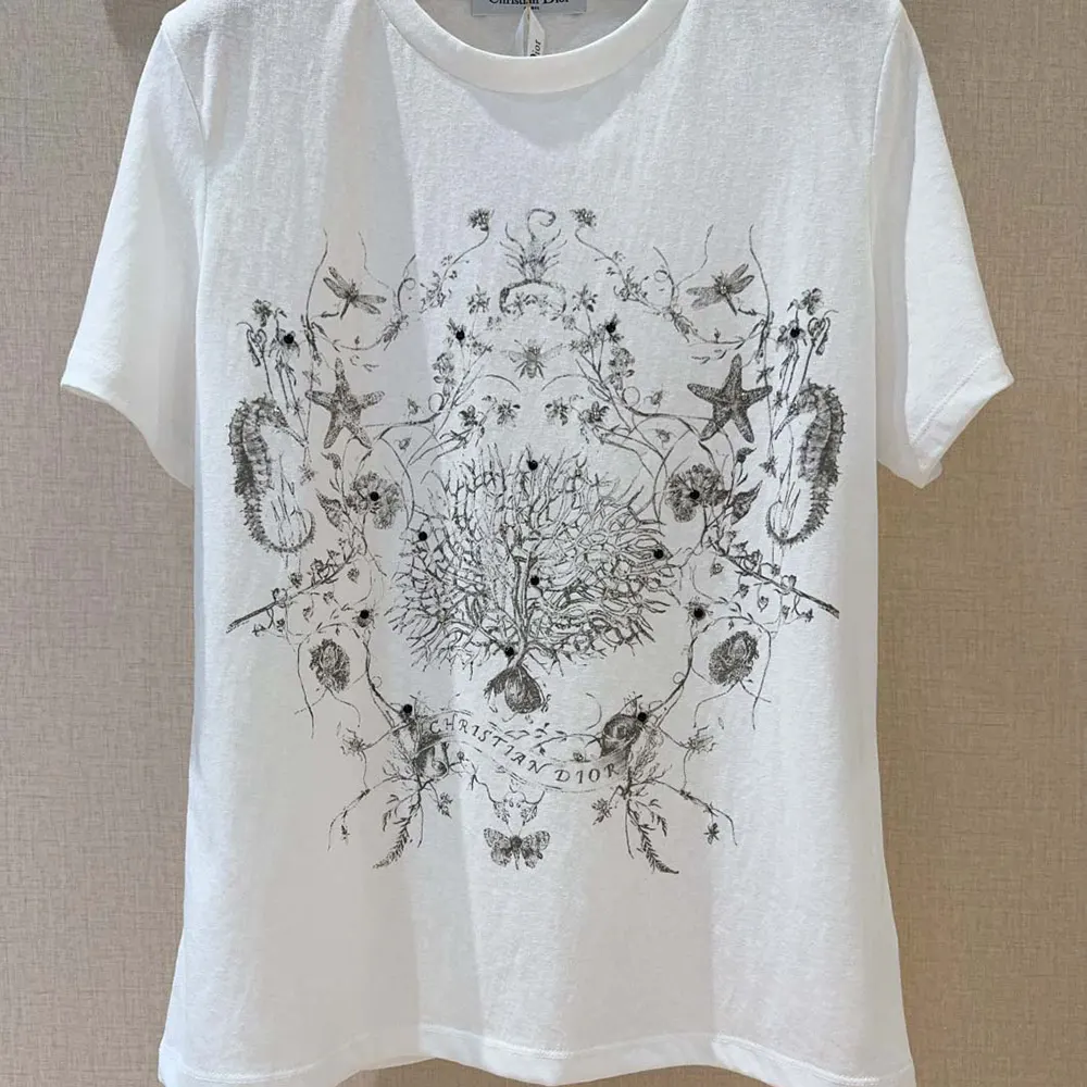 Dior Men T-Shirt White Cotton and Linen Jersey with Black Dior Cabinet de Curiosités Motif