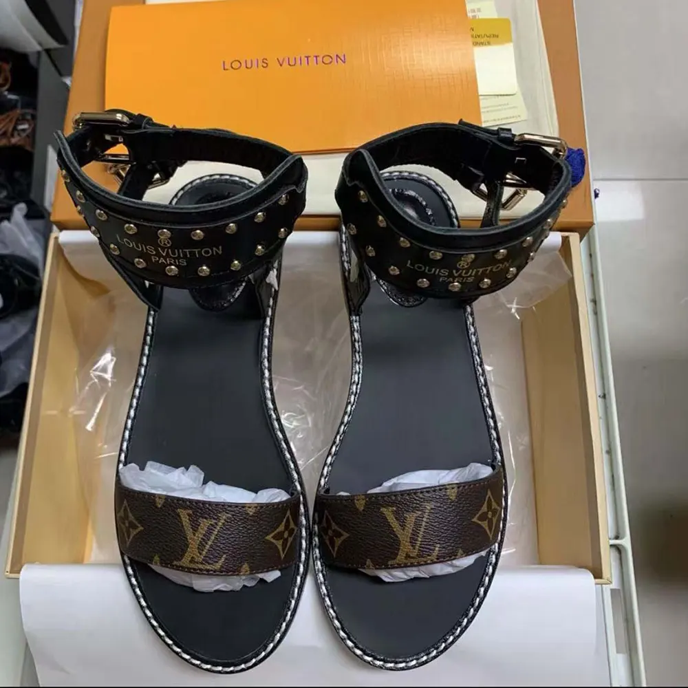 Louis Vuitton LV Women Black Leather and Monogram Canvas Gladiator Sandals